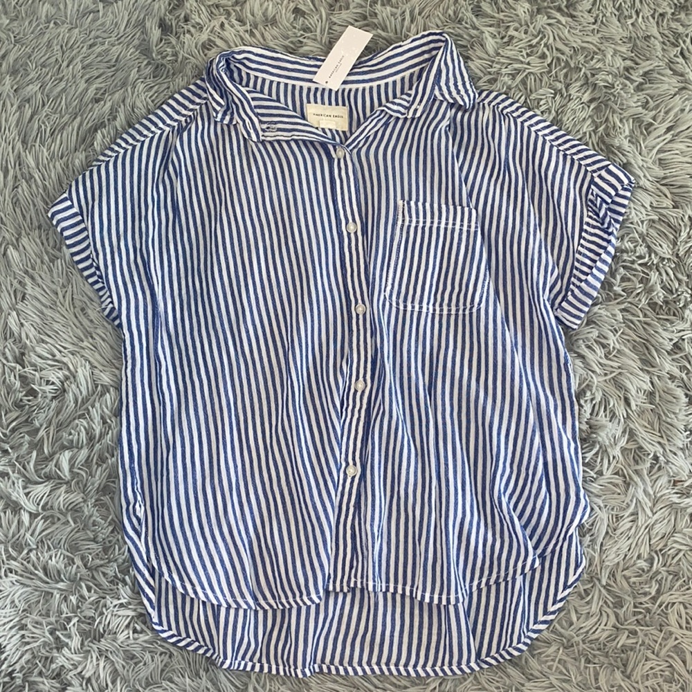 American Eagle Blue and White Striped Button Up